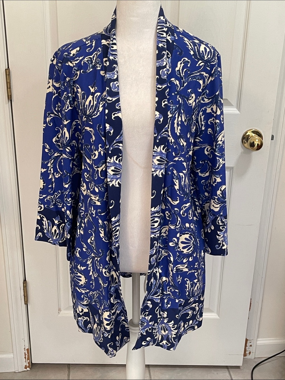 ISSAC MIZRAHI Blue & White Printed Open-Front Women's Jacket SZ-L NWOT